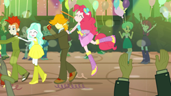 Size: 1920x1080 | Tagged: safe, screencap, crimson napalm, diamond tiara, mystery mint, paisley, pinkie pie, rose heart, scott green, silver spoon, teddy t. touchdown, tennis match, valhallen, equestria girls, equestria girls (movie), background human, balloon, bare shoulders, boots, ear piercing, earring, eyes closed, fall formal, fall formal outfits, hat, high heel boots, jumping, noisemaker, piercing, raised leg, sleeveless, sparkles, strapless, this is our big night, top hat