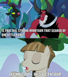 Size: 1264x1428 | Tagged: safe, edit, edited screencap, screencap, lord tirek, mudbriar, queen chrysalis, centaur, changeling, changeling queen, pony, the ending of the end, the maud couple, caption, correction, female, image macro, impact font, male, meme, stallion, technically, text