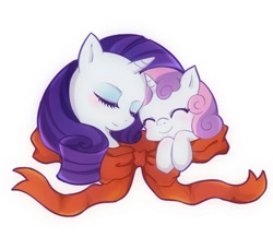 Size: 700x638 | Tagged: safe, artist:lyra-kotto, rarity, sweetie belle, pony, unicorn, ribbon, snuggling