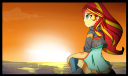 Size: 2030x1200 | Tagged: safe, artist:art-fany, sunset shimmer, equestria girls, ocean, sitting, solo, sunset, sunshine shimmer