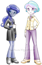 Size: 584x900 | Tagged: safe, artist:taritoons, princess celestia, princess luna, principal celestia, vice principal luna, equestria girls, alternate hairstyle, coffee, coffee mug, cutie mark accessory, hand on hip, looking at you, mug, older, ponytail, simple background, transparent background, watermark