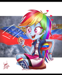 Size: 800x973 | Tagged: safe, artist:janadashie, derpibooru import, rainbow dash, equestria girls, arepa, blushing, clothes, dialogue, floating heart, food, heart, multicolored hair, sitting, smiling, solo, venezuela