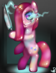 Size: 731x941 | Tagged: safe, artist:thinkingdoll, pinkie pie, pony, bipedal, knife, pinkamena diane pie, solo