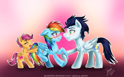 Size: 1280x800 | Tagged: safe, artist:janadashie, derpibooru import, rainbow dash, scootaloo, soarin', pegasus, pony, blushing, cutie ship crusaders, eyes closed, female, filly, male, mare, scootaloo the shipper, shipper on deck, shipping, smiling, soarindash, straight