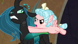Size: 1280x720 | Tagged: safe, screencap, cozy glow, queen chrysalis, changeling, changeling queen, pegasus, pony, frenemies (episode), angry, bags under eyes, bickering, bow, cozy glow is not amused, crown, curly hair, duo, evil lair, fangs, female, filly, flying, foal, former queen chrysalis, freckles, glare, grogar's lair, hair bow, insect wings, jewelry, lair, push, regalia, slit eyes, spread wings, tail bow, wings