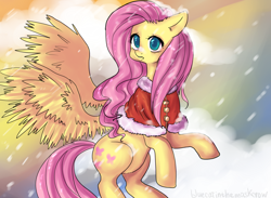 Size: 1366x1000 | Tagged: safe, artist:yukomaussi, fluttershy, pegasus, pony, bad anatomy, butt wings, snow, snowfall, solo