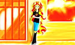 Size: 3700x2200 | Tagged: safe, artist:davidghoullart, sunset shimmer, anthro, hallway, lockers, solo, sunset