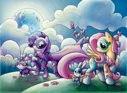 Size: 1200x877 | Tagged: safe, artist:agnesgarbowska, idw, angel bunny, fluttershy, opalescence, rarity, pegasus, pony, unicorn, clothes, comic, costume, cover, superhero