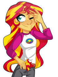 Size: 1024x1365 | Tagged: dead source, safe, artist:confusedkat, sunset shimmer, equestria girls, legend of everfree, freckles, one eye closed, simple background, solo, wink