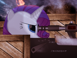 Size: 1024x768 | Tagged: safe, artist:colorfulbrony, rarity, pony, unicorn, female, gun, horn, mare, optical sight, reference, rifle, sniper, sniper rifle, solo, text, weapon