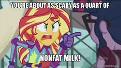 Size: 800x450 | Tagged: safe, edit, edited screencap, screencap, sci-twi, sunset shimmer, twilight sparkle, equestria girls, friendship games, caption, dave the barbarian, image macro, meme, sunset yells at twilight