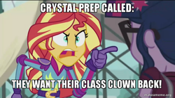 Size: 800x450 | Tagged: safe, edit, edited screencap, screencap, sci-twi, sunset shimmer, twilight sparkle, equestria girls, friendship games, burn, caption, image macro, meme, sunset yells at twilight