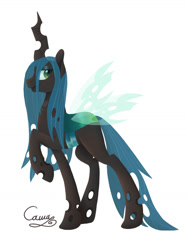 Size: 774x1032 | Tagged: safe, artist:sugarponypie, queen chrysalis, changeling, changeling queen, female, lidded eyes, looking at you, profile, raised hoof, simple background, smiling, solo, spread wings, white background, wings