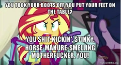 Size: 800x429 | Tagged: safe, edit, edited screencap, screencap, sci-twi, sunset shimmer, twilight sparkle, equestria girls, friendship games, caption, casino (movie), image macro, joe pesci, meme, pointing, sunset yells at twilight, vulgar