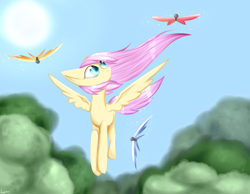 Size: 2700x2100 | Tagged: safe, artist:lairai, fluttershy, bird, pegasus, pony, flying, solo