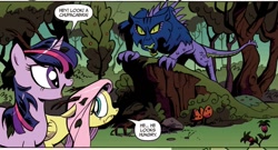 Size: 902x487 | Tagged: safe, artist:andypriceart, derpibooru import, idw, fluttershy, twilight sparkle, pegasus, pony, unicorn, the return of queen chrysalis, spoiler:comic, chupacabra, comic, female, forest, leaves, mare, scared, sticks