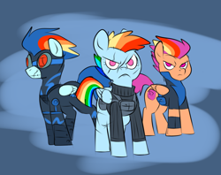 Size: 1010x799 | Tagged: safe, artist:metal-kitty, derpibooru import, rainbow dash, scootaloo, soarin', pegasus, pony, fanfic:rainbow factory, alternate hairstyle, alternate universe, clothes, eye scar, female, goggles, mare, older, older scootaloo, scar, serious, serious face, story included, uniform