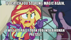 Size: 800x450 | Tagged: safe, edit, edited screencap, screencap, sci-twi, sunset shimmer, twilight sparkle, equestria girls, friendship games, caption, image macro, meme, sunset yells at twilight, the loud house