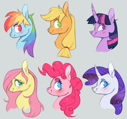 Size: 1300x1216 | Tagged: safe, artist:xenon, derpibooru import, applejack, fluttershy, pinkie pie, rainbow dash, rarity, twilight sparkle, twilight sparkle (alicorn), alicorn, earth pony, pegasus, pony, unicorn, bust, curved horn, female, freckles, gray background, looking back, mane six, mare, portrait, profile, simple background, smiling