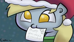 Size: 1191x670 | Tagged: dead source, safe, artist:captain64, derpy hooves, pegasus, pony, christmas, female, hat, letter, mare, mouth hold, santa hat, solo