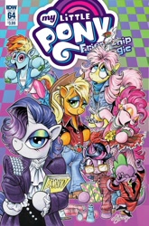 Size: 1054x1600 | Tagged: safe, artist:andypriceart, derpibooru import, idw, angel bunny, applejack, fluttershy, pinkie pie, rainbow dash, rarity, spike, twilight sparkle, dragon, earth pony, pegasus, pony, semi-anthro, unicorn, spoiler:comic, spoiler:comic64, 80's fashion, 80s, air guitar, alternate hairstyle, andy you magnificent bastard, barbara holland, belt, belt buckle, big hair, bipedal, book, bracelet, clothes, costume, cover, cropped, cyndi lauper, denim jacket, dress, ear piercing, earring, eyeshadow, fashion, female, fishnets, flower, glasses, hair spray, hairspray, jacket, jeans, jewelry, leotard, lidded eyes, looking at you, magazine, makeup, mane 'n tail, mane six, mare, michael jackson, mohawk, necklace, open mouth, pants, piercing, prince (musician), prince and the revolution, punk, shampoo, shirt, smiling, stranger things, sweatband, sweatpants, tights, trapper keeper, weights, wristband