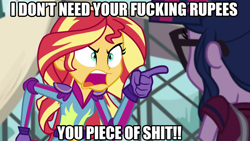 Size: 1280x720 | Tagged: safe, edit, edited screencap, screencap, sci-twi, sunset shimmer, twilight sparkle, equestria girls, friendship games, arin hanson, caption, egoraptor, game grumps, image macro, meme, rupee, sunset yells at twilight, the legend of zelda, vulgar