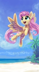 Size: 950x1750 | Tagged: safe, artist:kp-shadowsquirrel, fluttershy, pegasus, pony, beach, cute, flying, ocean, palm tree, shyabetes, solo, tree