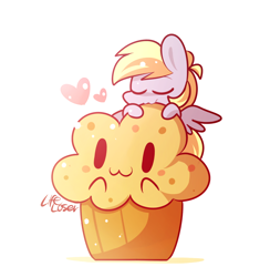 Size: 880x900 | Tagged: safe, artist:php56, derpy hooves, pegasus, pony, :3, chibi, cute, derpabetes, eyes closed, female, giant muffin, heart, mare, muffin, nom, smiling, solo, that pony sure does love muffins