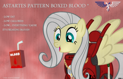 Size: 1400x900 | Tagged: safe, artist:a4r91n, fluttershy, blood angels, crossover, fangs, flutterbat, fluttergasm, funny, hilarious in hindsight, i made a thing, juice box, parody, power armor, powered exoskeleton, purity seal, smiling, solo, space marine, warhammer (game), warhammer 40k