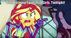 Size: 619x333 | Tagged: safe, edit, edited screencap, screencap, sci-twi, sunset shimmer, twilight sparkle, equestria girls, friendship games, angry, caption, image macro, meme, mouthpiece, pointing, sunset yells at twilight, yugioh abridged