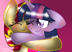 Size: 616x444 | Tagged: safe, artist:shootingstar200, sunset shimmer, twilight sparkle, pony, hug