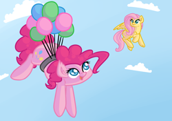 Size: 2000x1400 | Tagged: safe, artist:oblivinite, fluttershy, pinkie pie, earth pony, pegasus, pony, balloon, flying, frown, open mouth, raised hoof, smiling, spread wings, then watch her balloons lift her up to the sky