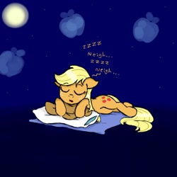 Size: 800x800 | Tagged: safe, artist:ichibangravity, applejack, earth pony, pony, apple, cloud, cute, eyes closed, female, floppy ears, food, hat, horses doing horse things, jackabetes, mare, moon, neigh, night, open mouth, pillow, prone, sleeping, snoring, solo, stars, zzz