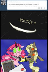 Size: 734x1088 | Tagged: safe, artist:ichibangravity, king sombra, pinkie pie, oc, earth pony, pony, unicorn, ask king sombra pie, blade, paper shredder, possessed, possession, prosthetics, triste savoir, tumblr