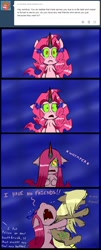 Size: 850x2100 | Tagged: safe, artist:ichibangravity, king sombra, pinkie pie, oc, earth pony, pony, unicorn, ask king sombra pie, hug, possessed, possession, sad, triste savoir, tumblr