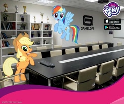 Size: 940x788 | Tagged: safe, derpibooru import, applejack, rainbow dash, earth pony, pegasus, pony, bipedal, female, flying, gameloft, irl, mare, my little pony logo, photo, ponies in real life, rearing