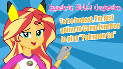 Size: 1280x720 | Tagged: safe, artist:kingdark0001, sunset shimmer, equestria girls, legend of everfree, clothes, ear pikachu, nintendo, open mouth, pokémon go, text