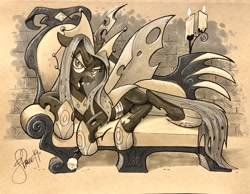 Size: 2048x1588 | Tagged: safe, artist:andypriceart, idw, queen chrysalis, changeling, changeling queen, the ending of the end, spoiler:comic, changelings in the comments, female, lounging, solo, traditional art, ultimate chrysalis