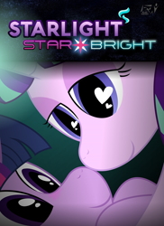 Size: 1250x1719 | Tagged: safe, artist:blackwater627, starlight glimmer, twilight sparkle, pony, fanfic:starlight starbright, eye contact, fanfic, fanfic art, fanfic cover, female, heart eyes, lesbian, looking at each other, shipping, twistarlight, wingding eyes