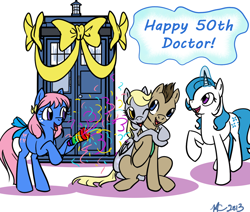 Size: 900x764 | Tagged: safe, artist:sumireshee, bow tie (g1), derpy hooves, doctor whooves, majesty, pegasus, pony, g1, bow, doctor who, female, g1 to g4, generation leap, magic, mare, tardis