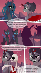 Size: 1856x3270 | Tagged: safe, artist:xjenn9fusion, king sombra, queen chrysalis, changeling, changeling queen, pony, undead, unicorn, comic:fusing the fusions, comic:time of the fusions, bone, clothes, comic, commissioner:bigonionbean, dialogue, evil planning in progress, female, jewelry, minions, pawn, regalia, skeleton, soldier, writer:bigonionbean