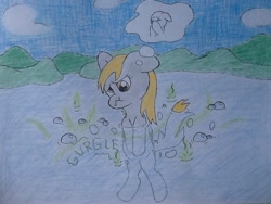 Size: 960x720 | Tagged: safe, artist:quasarbooster, derpy hooves, pegasus, pony, bubble, fart, female, lake, mare, scrunchy face, solo, thought bubble, water