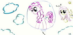 Size: 1240x601 | Tagged: safe, artist:midnightrarity, fluttershy, pinkie pie, earth pony, pegasus, pony, balloon, pinkie pie trapped in a balloon