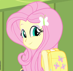 Size: 1054x1038 | Tagged: safe, screencap, fluttershy, equestria girls, equestria girls (movie), backpack, cropped, cute, fourth wall, looking at you, solo