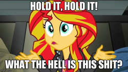 Size: 620x349 | Tagged: safe, sunset shimmer, equestria girls, blazing saddles, image macro, meme, solo, text, vulgar