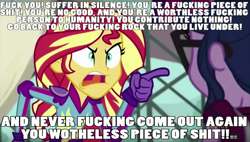 Size: 1280x727 | Tagged: safe, edit, edited screencap, screencap, sci-twi, sunset shimmer, twilight sparkle, equestria girls, friendship games, caption, image macro, meme, michael jones, sunset yells at twilight, vulgar