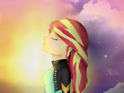 Size: 1024x768 | Tagged: safe, artist:rainbowsmile6, sunset shimmer, equestria girls, clothes, eyes closed, jacket, leather jacket, solo, twilight (astronomy)