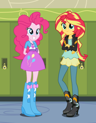 Size: 554x712 | Tagged: safe, artist:knightwolf09, artist:themexicanpunisher, artist:xebck, pinkie pie, sunset shimmer, equestria girls, balloon, boots, canterlot high, clothes, crossed arms, cute, diapinkes, duo, hallway, hands behind back, high heel boots, high heels, jacket, leather jacket, lockers, shimmerbetes, skirt, smiling