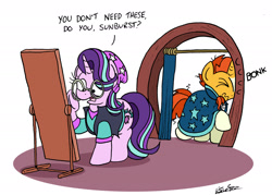 Size: 2215x1587 | Tagged: safe, artist:bobthedalek, starlight glimmer, sunburst, pony, unicorn, beanie, bonk, clothes, duo, equestria girls outfit, eyes closed, female, frown, hat, male, mare, mirror, open mouth, raised hoof, simple background, stallion, wavy mouth, white background, wide eyes