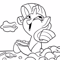 Size: 1600x1600 | Tagged: safe, artist:docwario, rarity, pony, unicorn, avocado, eating, female, happy, magic, mare, monochrome, solo, spoon